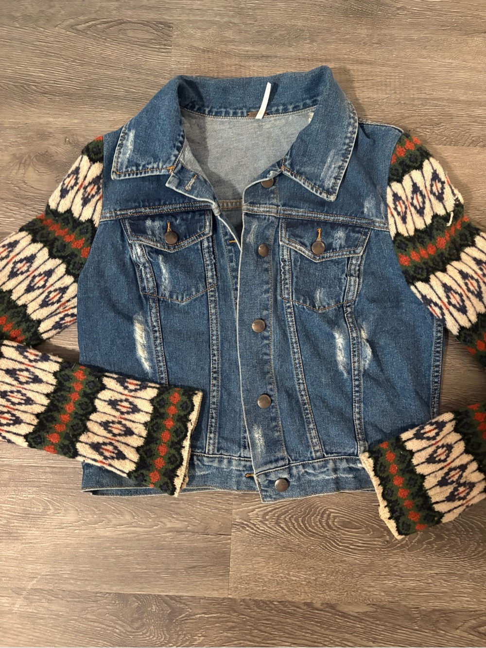 Free People cypress wool Denim farm Jacket with Patterned Sleeves